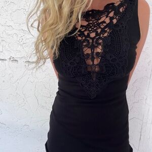 Lace-Neckline classy black mini dress